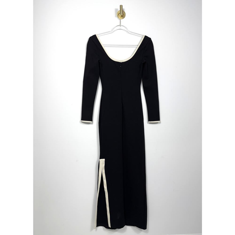STAUD Berry Dress sleek black maxi white trim neckline long sleeves Sz XS - Picture 2 of 14